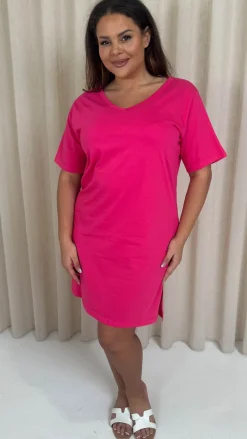 CurveWow V Neck Shirt Dress Fuchsia