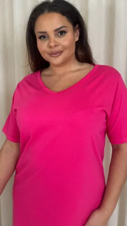 CurveWow V Neck Shirt Dress Fuchsia