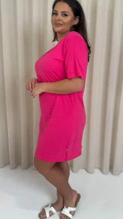 CurveWow V Neck Shirt Dress Fuchsia