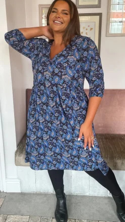 CurveWow V Neck Smock Dress Blue Paisley
