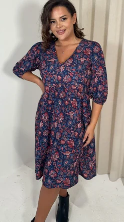 CurveWow V Neck Smock Dress Multi Paisley Print
