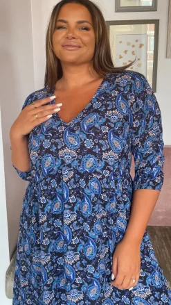 CurveWow V Neck Smock Dress Blue Paisley