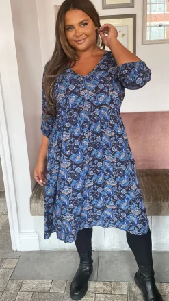CurveWow V Neck Smock Dress Blue Paisley