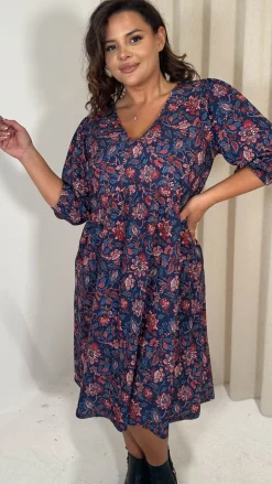 CurveWow V Neck Smock Dress Multi Paisley Print