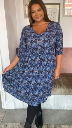 CurveWow V Neck Smock Dress Blue Paisley