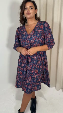 CurveWow V Neck Smock Dress Multi Paisley Print