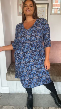 CurveWow V Neck Smock Dress Blue Paisley