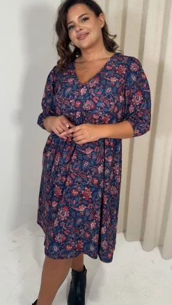 CurveWow V Neck Smock Dress Multi Paisley Print