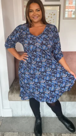 CurveWow V Neck Smock Dress Blue Paisley