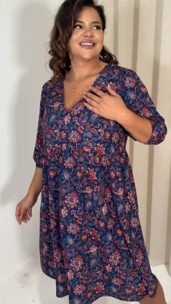 CurveWow V Neck Smock Dress Multi Paisley Print