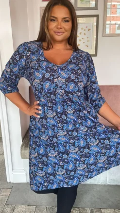 CurveWow V Neck Smock Dress Blue Paisley