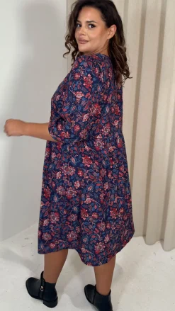 CurveWow V Neck Smock Dress Multi Paisley Print