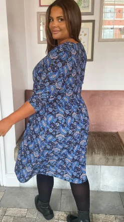 CurveWow V Neck Smock Dress Blue Paisley