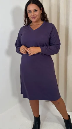 CurveWow V Neck Sweatshirt Dress Plum