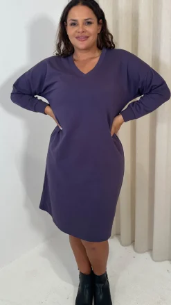 CurveWow V Neck Sweatshirt Dress Plum