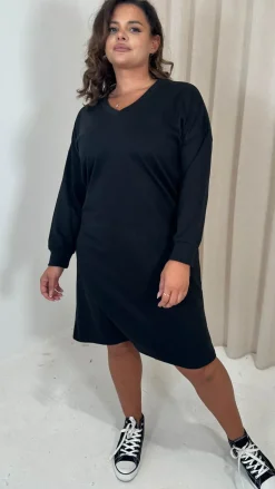 CurveWow V Neck Sweatshirt Dress Black