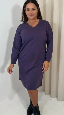 CurveWow V Neck Sweatshirt Dress Plum