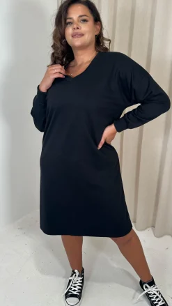 CurveWow V Neck Sweatshirt Dress Black