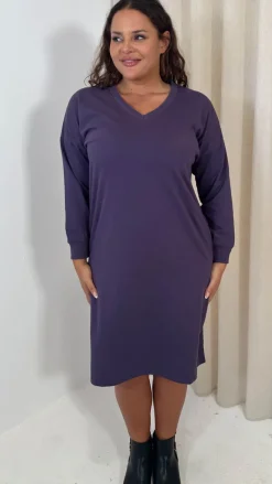 CurveWow V Neck Sweatshirt Dress Plum