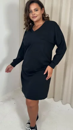 CurveWow V Neck Sweatshirt Dress Black
