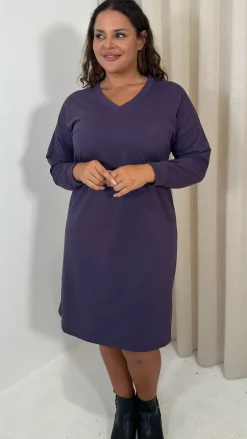 CurveWow V Neck Sweatshirt Dress Plum