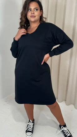 CurveWow V Neck Sweatshirt Dress Black