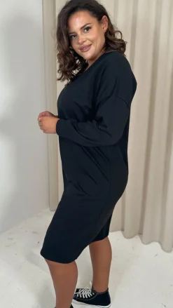 CurveWow V Neck Sweatshirt Dress Black