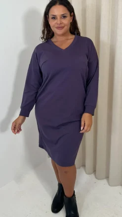 CurveWow V Neck Sweatshirt Dress Plum