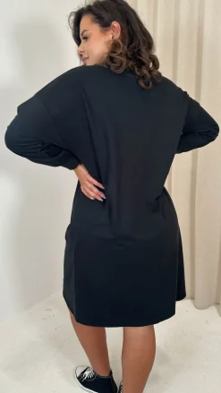 CurveWow V Neck Sweatshirt Dress Black