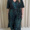 CurveWow V Neck Tie Waist Culotte Jumpsuit Green Animal