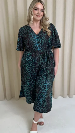 CurveWow V Neck Tie Waist Culotte Jumpsuit Green Animal