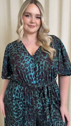 CurveWow V Neck Tie Waist Culotte Jumpsuit Green Animal