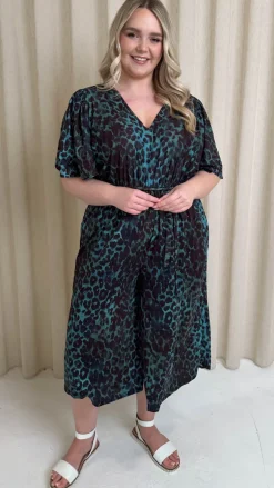 CurveWow V Neck Tie Waist Culotte Jumpsuit Green Animal