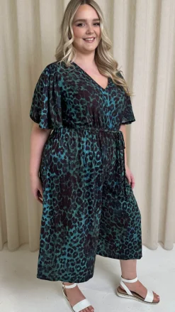CurveWow V Neck Tie Waist Culotte Jumpsuit Green Animal