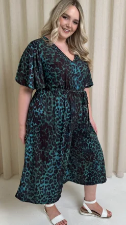 CurveWow V Neck Tie Waist Culotte Jumpsuit Green Animal