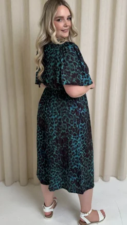 CurveWow V Neck Tie Waist Culotte Jumpsuit Green Animal