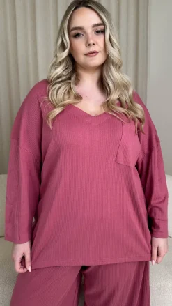 CurveWow V Neck Wide Leg Lounge Set Rose