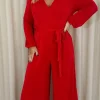 CurveWow V Neck Wrap Jumpsuit Red