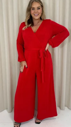 CurveWow V Neck Wrap Jumpsuit Red