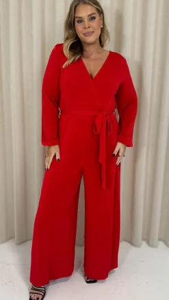 CurveWow V Neck Wrap Jumpsuit Red