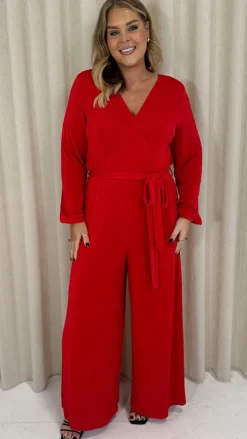 CurveWow V Neck Wrap Jumpsuit Red