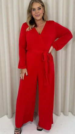 CurveWow V Neck Wrap Jumpsuit Red
