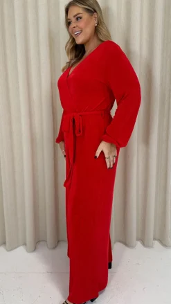 CurveWow V Neck Wrap Jumpsuit Red