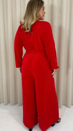 CurveWow V Neck Wrap Jumpsuit Red