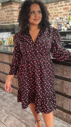 CurveWow V-Neck Frill Dress Black Floral