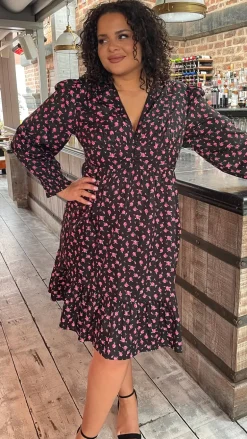 CurveWow V-Neck Frill Dress Black Floral