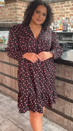 CurveWow V-Neck Frill Dress Black Floral