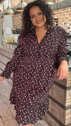 CurveWow V-Neck Frill Dress Black Floral