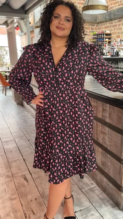 CurveWow V-Neck Frill Dress Black Floral