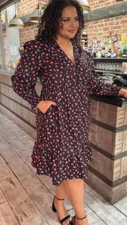 CurveWow V-Neck Frill Dress Black Floral